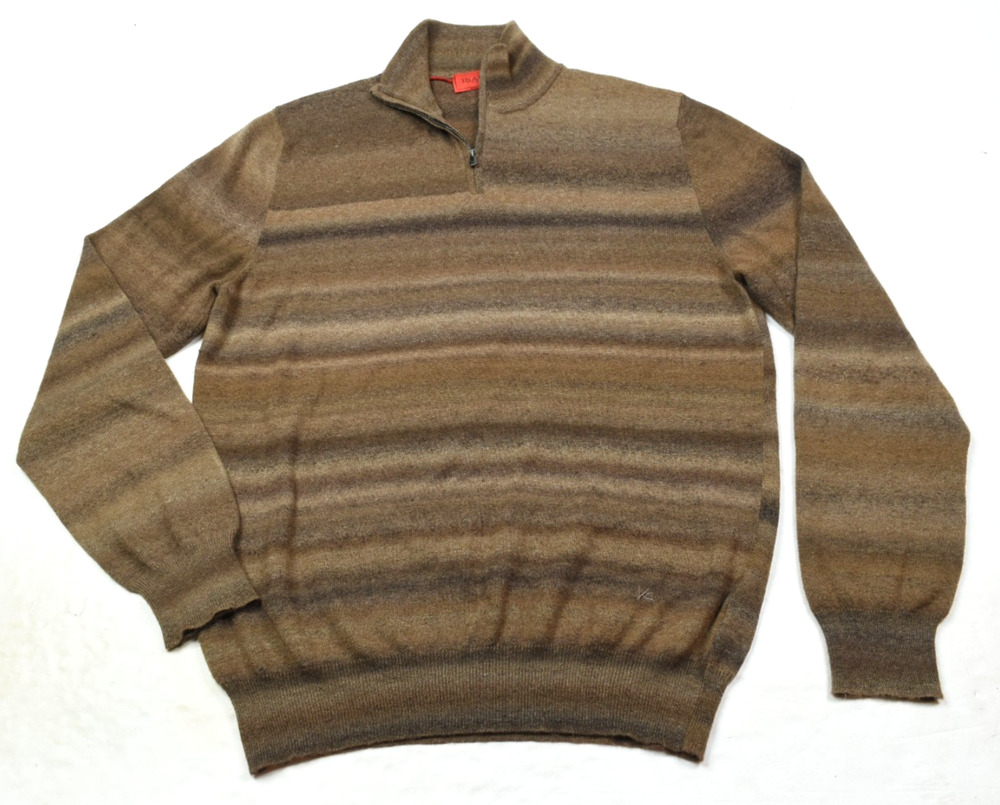 ISAIA Cashmere 1/4 Zip Sweater Mens 2XL Brown Striped Long Sleeve Pullover Italy
